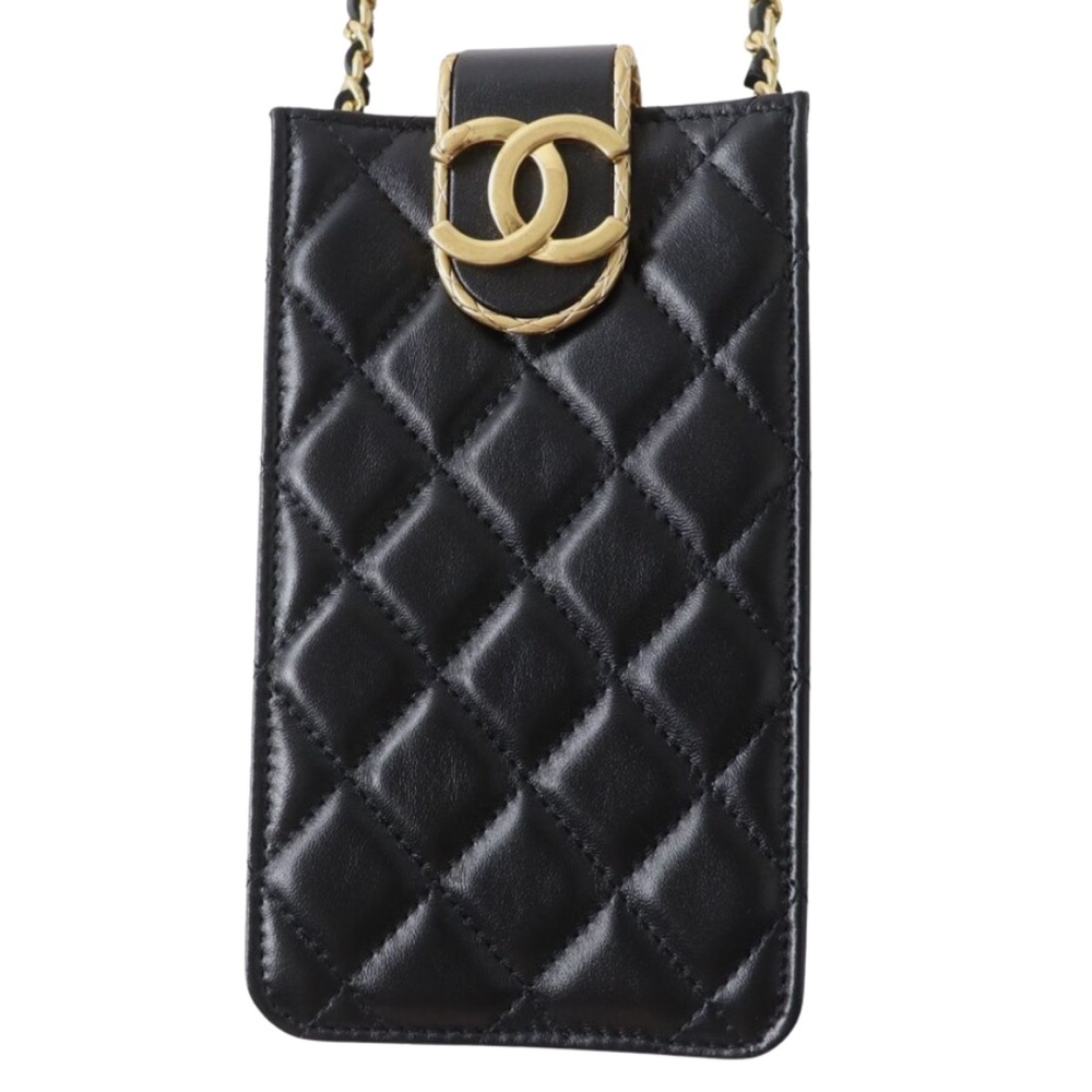 Chanel Pre-Owned Mini Black Lambskin Quilted Phone Holder with Chain